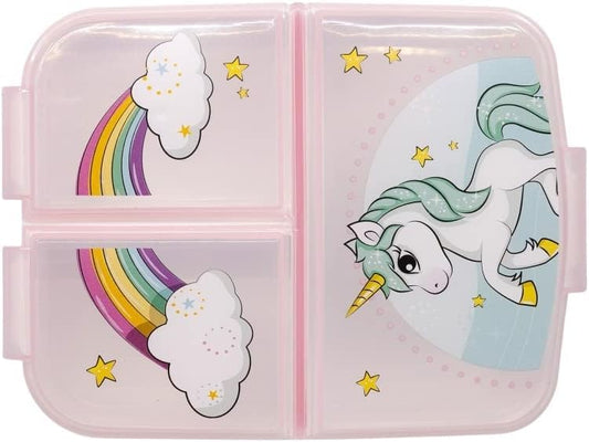 Porta Merenda Scuola con 3 scomparti Portamerenda in Plastica Bambini Pranzo Launch Box - BPA Free (Unicorno)
