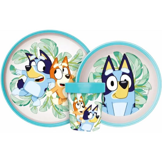Set di stoviglie riutilizzabile  bambini bicolore – Set composto da 3 pezzi: Piatto, ciotola e bicchiere  bambini e bebé con base antiscivolo – Senza BPA ( BLUEY)