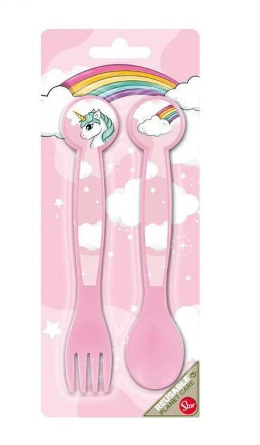 Set Posate  Bambini in Plastica Alimentare senza BPA - Forchetta e Cucchiaio Made in Spain (Unicorno)