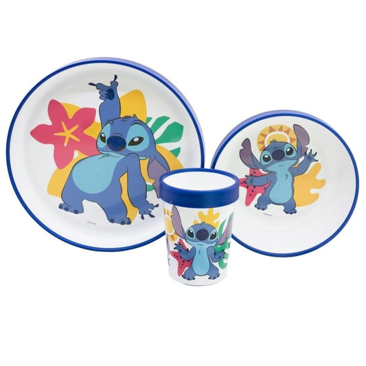 Set di stoviglie riutilizzabile  bambini bicolore – Set composto da 3 pezzi: Piatto, ciotola e bicchiere  bambini e bebé con base antiscivolo – Senza BPA ( STITCH)