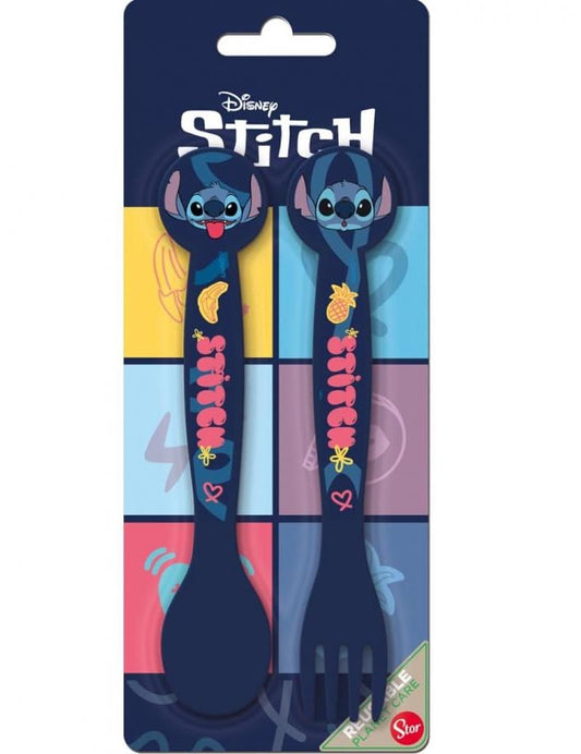 Set Posate  Bambini in Plastica Alimentare senza BPA - Forchetta e Cucchiaio Made in Spain (Stitch)
