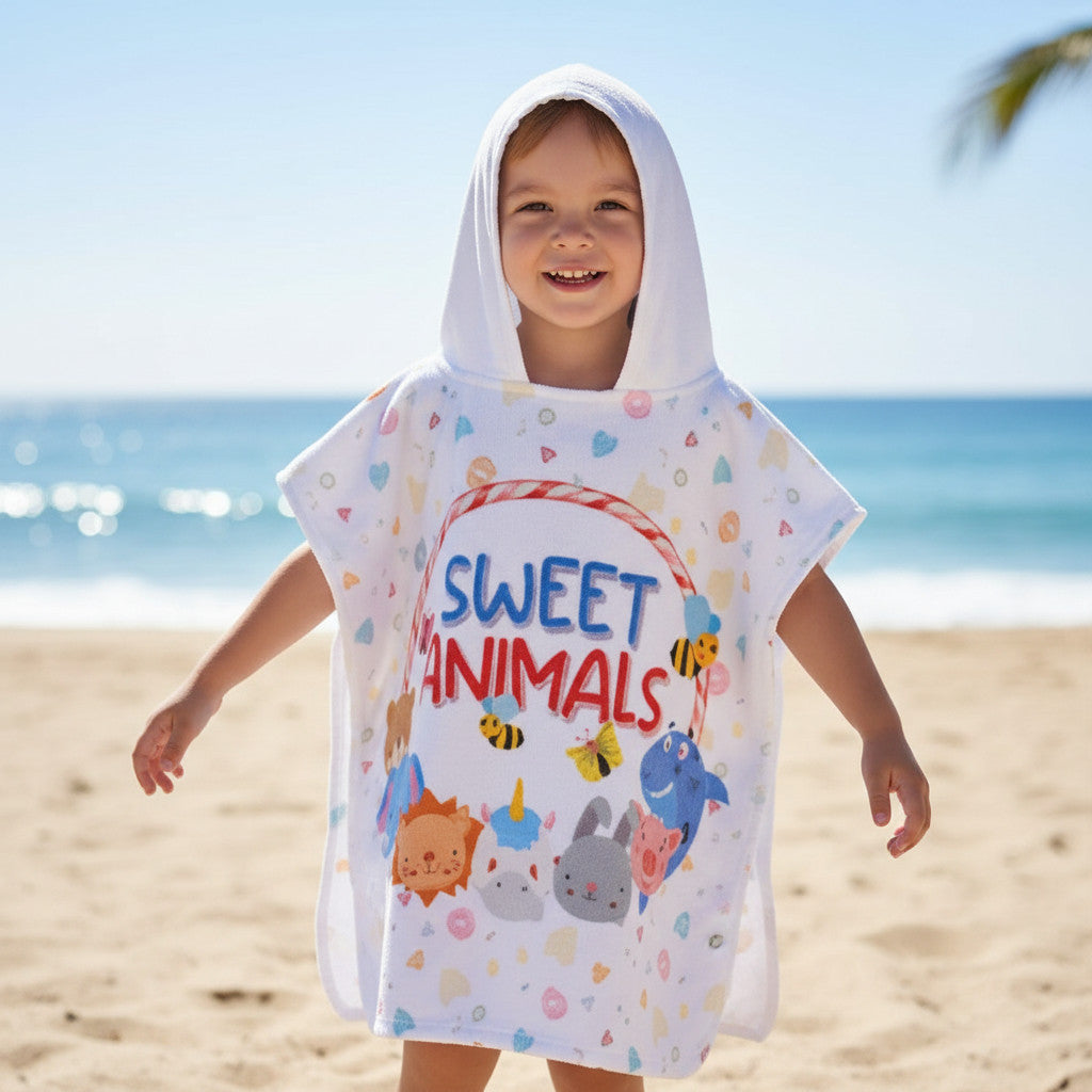SWEET ANIMALS - Poncho con cappuccio Asciugamano da spiaggia Mare e piscina Accappatoio in microfibra 55X90 cm asciugatura rapida, ultra morbido ANIMALETTI