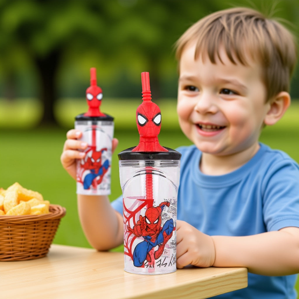 SPIDER - Bicchiere 360ml con Cannuccia e Personaggio 3D per Bambini