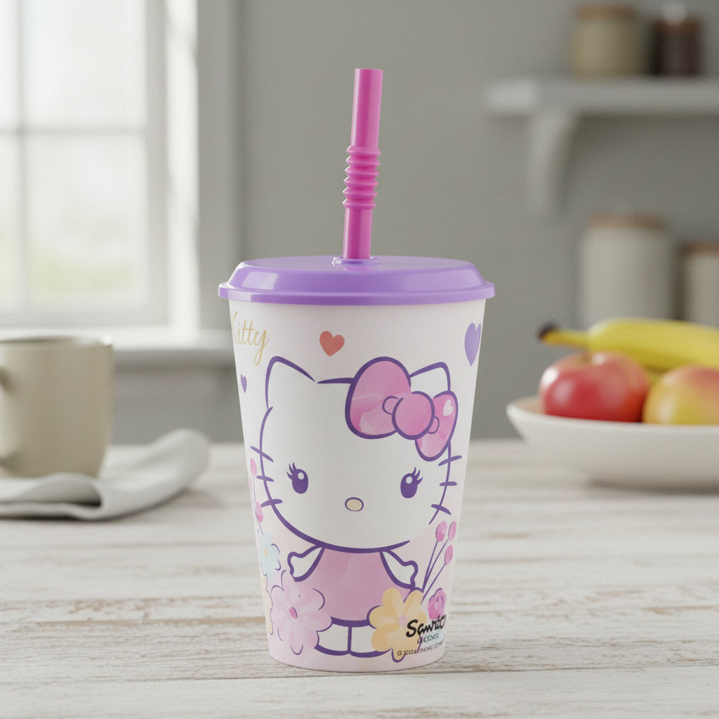 HELLO KITTY - Bicchiere ufficiale Per Bambini Con Cannuccia e coperchio Riutilizzabile - 430 ml