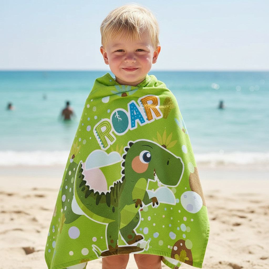 DINOSAURO - Poncho con cappuccio Asciugamano da spiaggia Mare e piscina Accappatoio in microfibra 55X90 cm asciugatura rapida, ultra morbido DINO