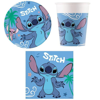 STITCH - Kit Festa 8 Persone Set Tavola Addobbi Party Compleanno con 8 Piatti, 8 Bicchieri e 20 tovaglioli