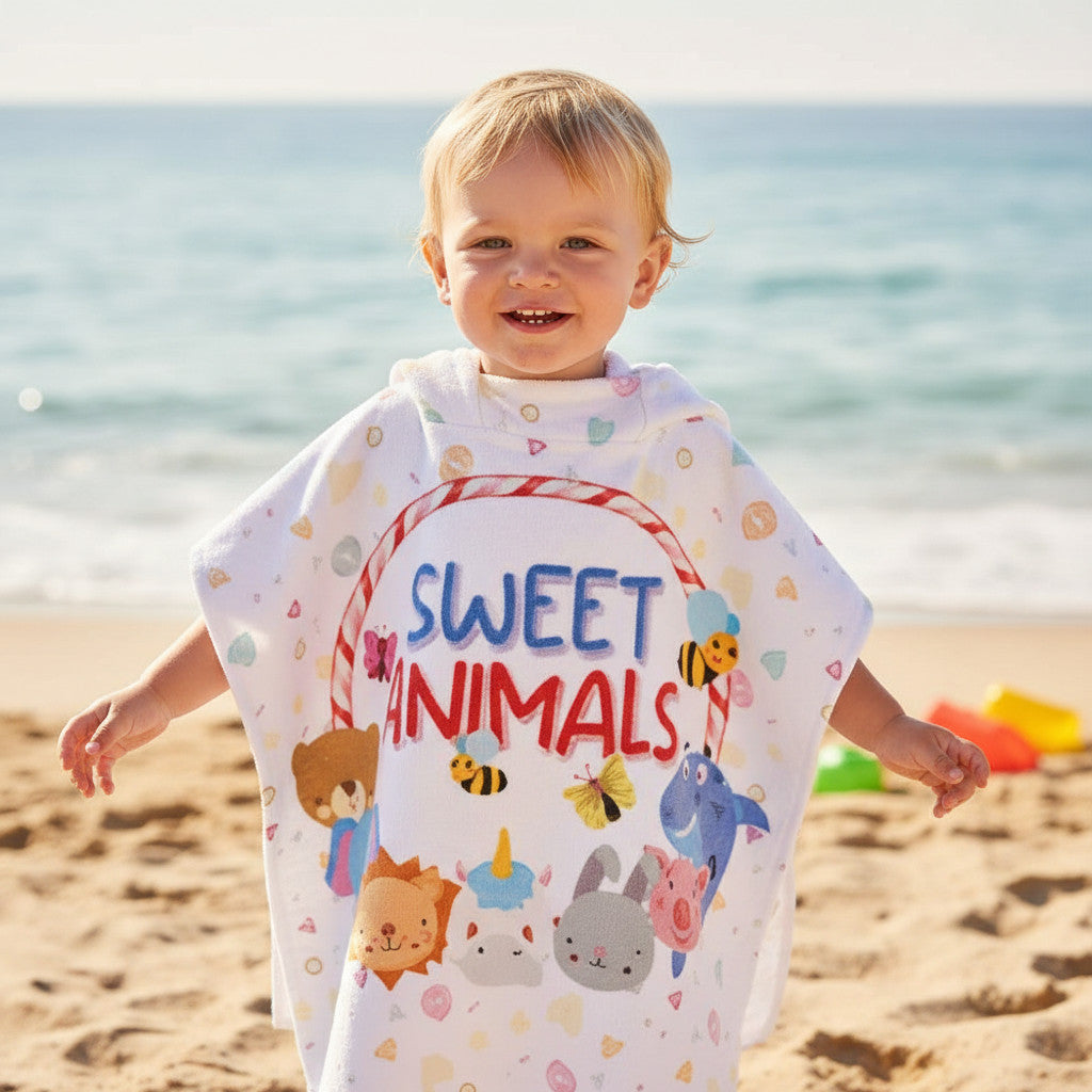 SWEET ANIMALS - Poncho con cappuccio Asciugamano da spiaggia Mare e piscina Accappatoio in microfibra 55X90 cm asciugatura rapida, ultra morbido ANIMALETTI
