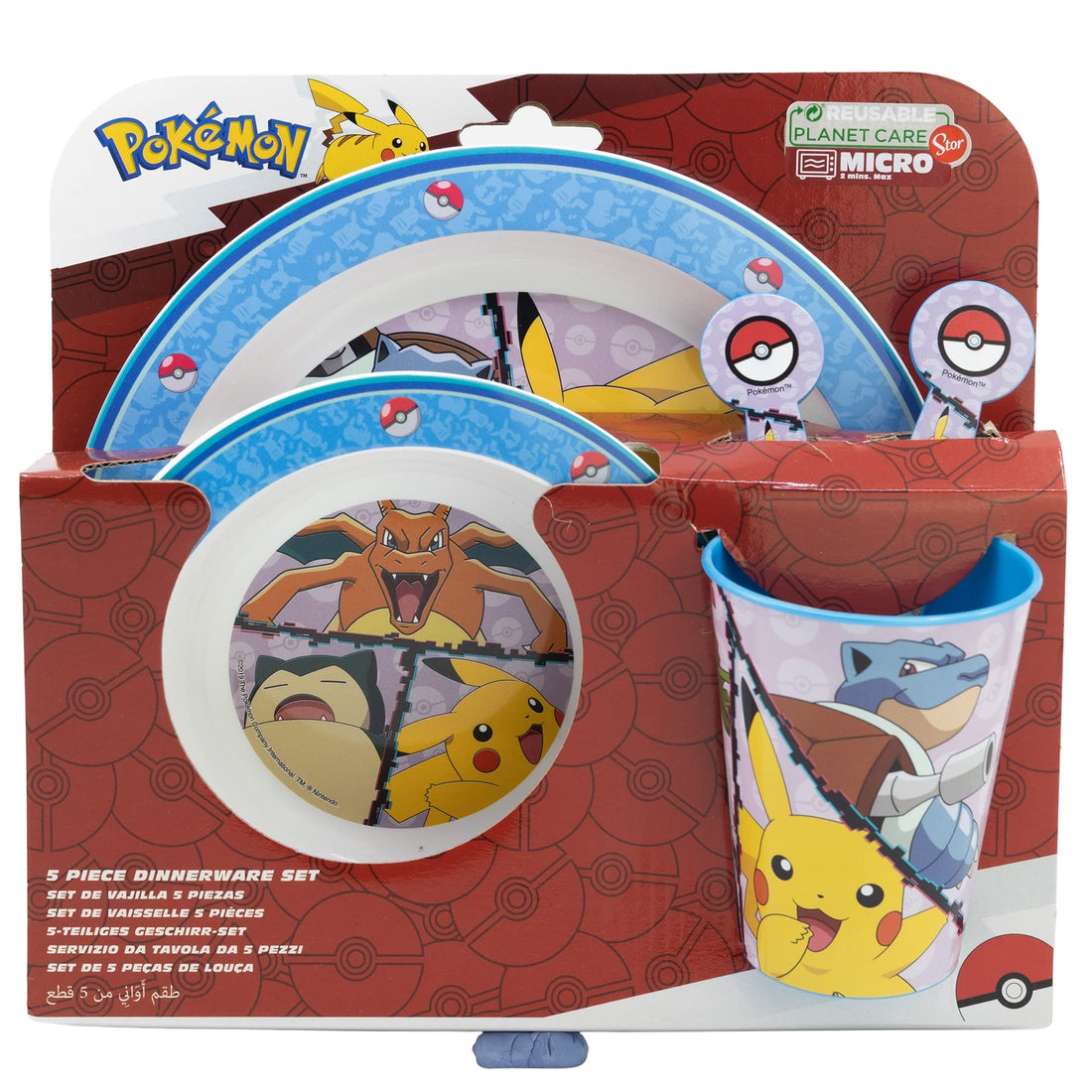 POKEMON - Set di stoviglie riutilizzabile per bambini bicolore – Set composto da 5 pezzi: Piatto, ciotola, bicchieri e p