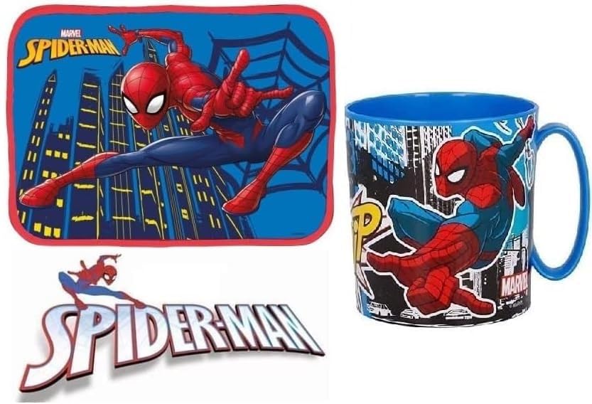 Set Merenda Colazione 2 Pezzi con Tovaglietta Ripiegabile Morbida Sottopiatto Pieghevole e Tazza Bicchiere 350ml  Microonde (SPIDERMAN)