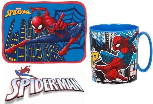 Set Merenda Colazione 2 Pezzi con Tovaglietta Ripiegabile Morbida Sottopiatto Pieghevole e Tazza Bicchiere 350ml  Microonde (SPIDERMAN)
