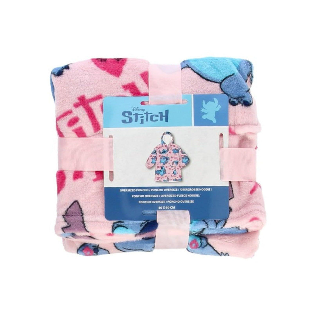Disney Stitch Poncho Morbido e Caldo Plaid con Cappuccio Microfibra Stampa Cuori, 3-6 anni 2
