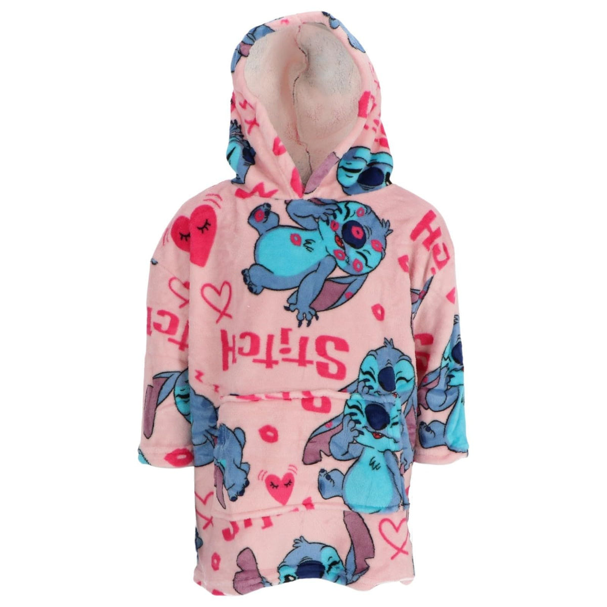 Disney Stitch Poncho Morbido e Caldo Plaid con Cappuccio Microfibra Stampa Cuori, 3-6 anni