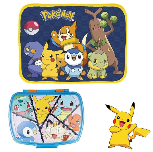 Set Merenda Scuola 2 Pezzi con Tovaglietta Ripiegabile Morbida Sottopiatto Pieghevole e Portamerenda Scatola Sandwich Box  POKEMON