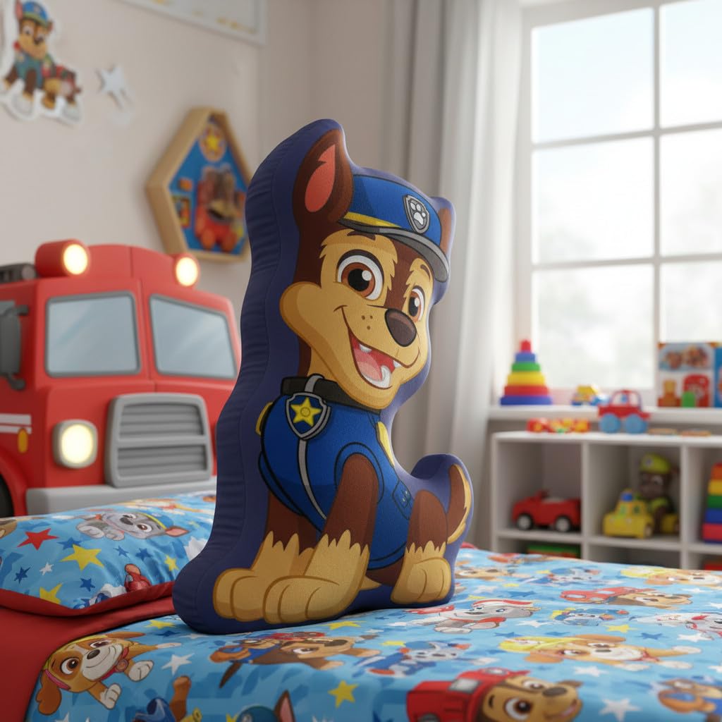 Paw Patrol Cuscino Sagomato Chase 3D, Cuscino Peluche Morbido per Bambini in Microfibra, 35 x 22 cm, 4