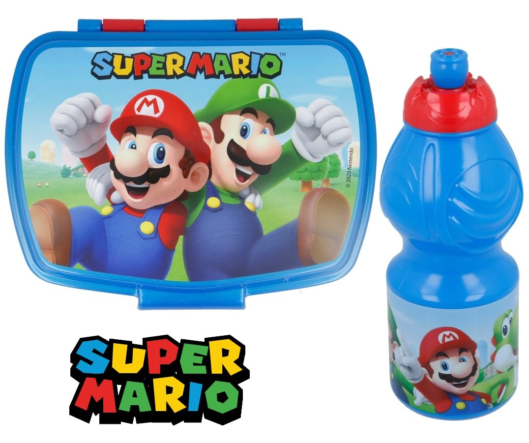 ùSet Pranzo Scuola 2 Pezzi Portamerenda e Borraccia in Plastica Bambini Bambino Merenda Launch Box - BPA Free (SuperMario)