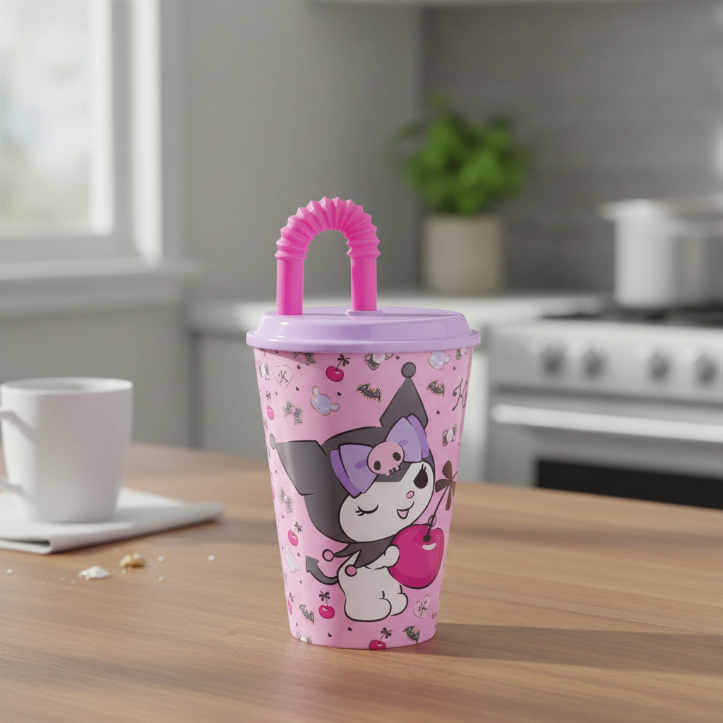 KUROMI - Bicchiere ufficiale Per Bambini Con Cannuccia e coperchio Riutilizzabile - 430 ml
