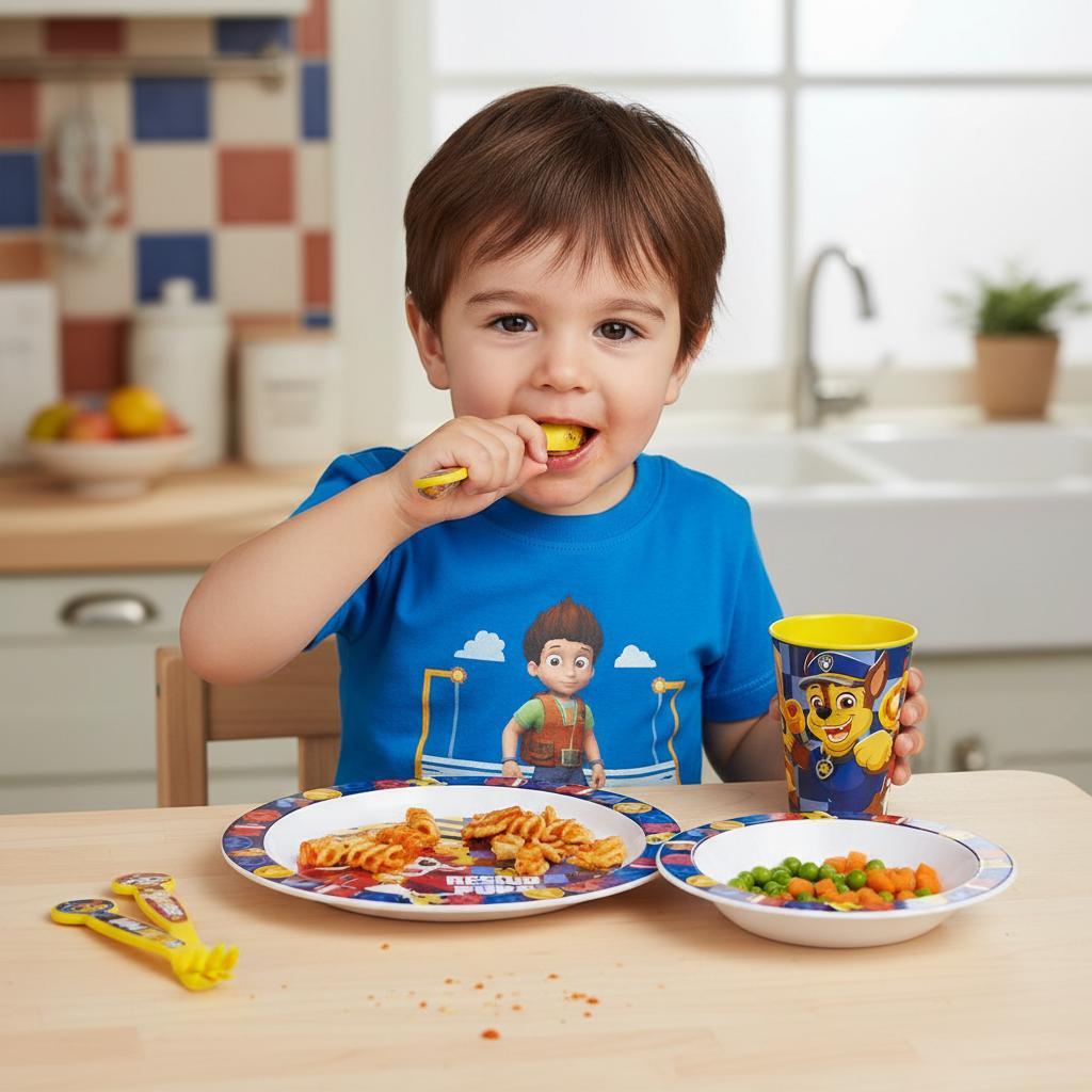 Set di stoviglie riutilizzabile per bambini bicolore – Set composto da 5 pezzi: Piatto, ciotola, bicchieri e posate per 