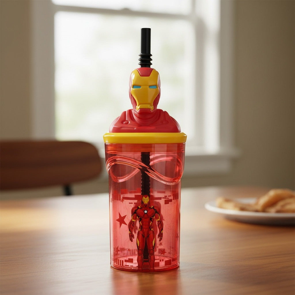 Bicchiere 360ml con Cannuccia e Personaggio 3D Borraccia per Bambini e Ragazzi AVENGERS