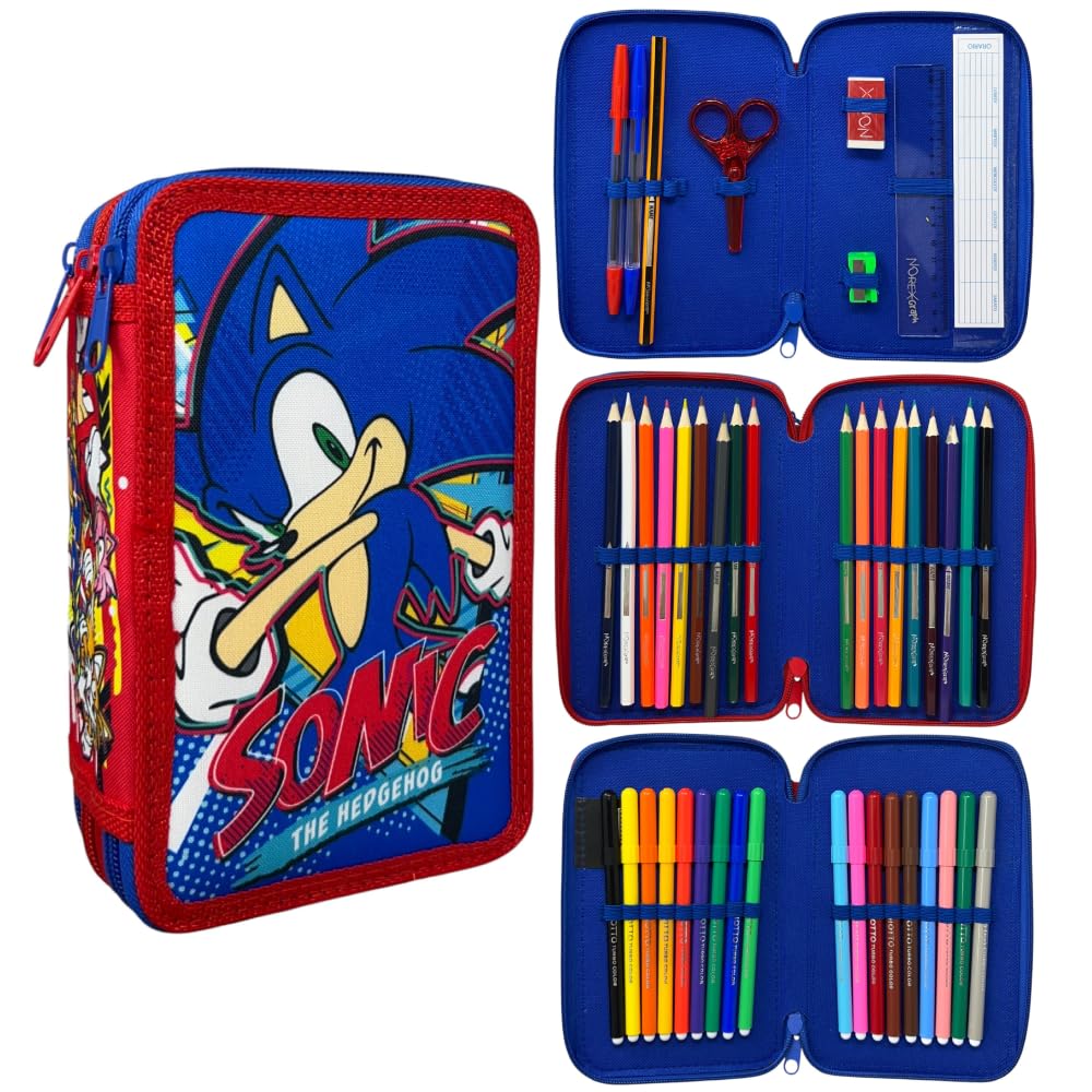 CARTOON Astuccio 3 zip Sonic triplo completo 44 pezzi cancelleria per la scuola multiscomparto penne