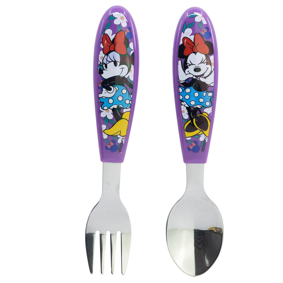 STOR Set 2 Posate Bambini Minni Acciaio Inossidabile Forchetta e Cucchiaio con Manico Decorato per B