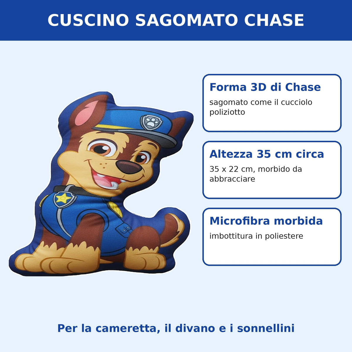 Paw Patrol Cuscino Sagomato Chase 3D, Cuscino Peluche Morbido per Bambini in Microfibra, 35 x 22 cm, 6