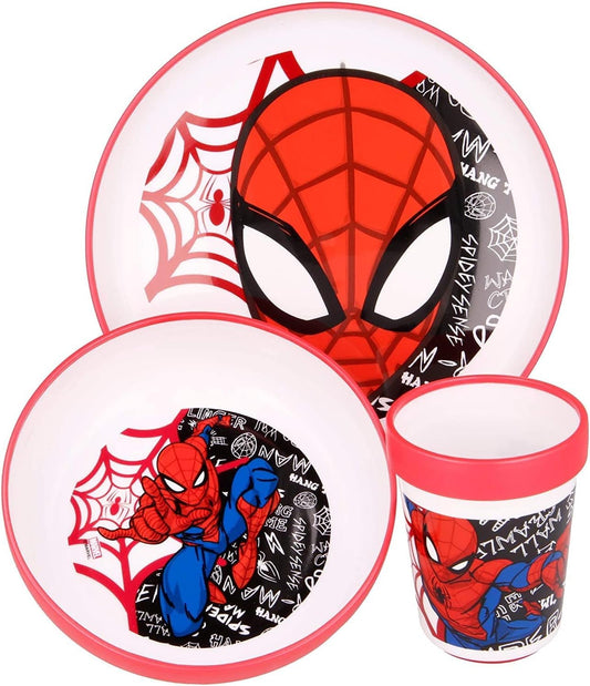Set di stoviglie  bambini bicolore – Set composto da 3 pezzi: Piatto, ciotola e bicchiere  bambini – Set di stoviglie  bebé con base antiscivolo – Senza BPA (Spiderman)