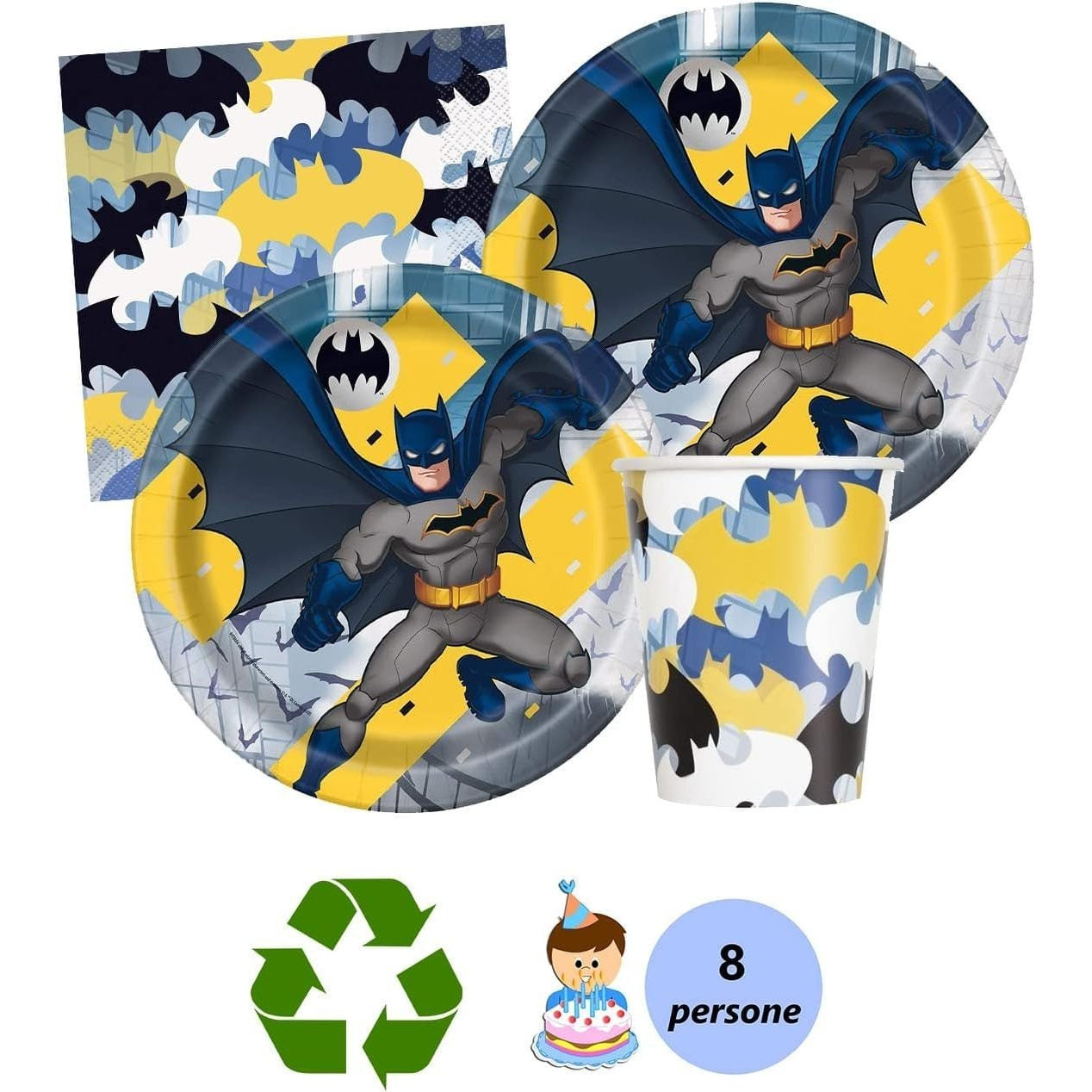 Kit Festa 8 Persone Set Tavola Addobbi Party Compleanno con 8 Piatti, 8 Bicchieri e 20 tovaglioli