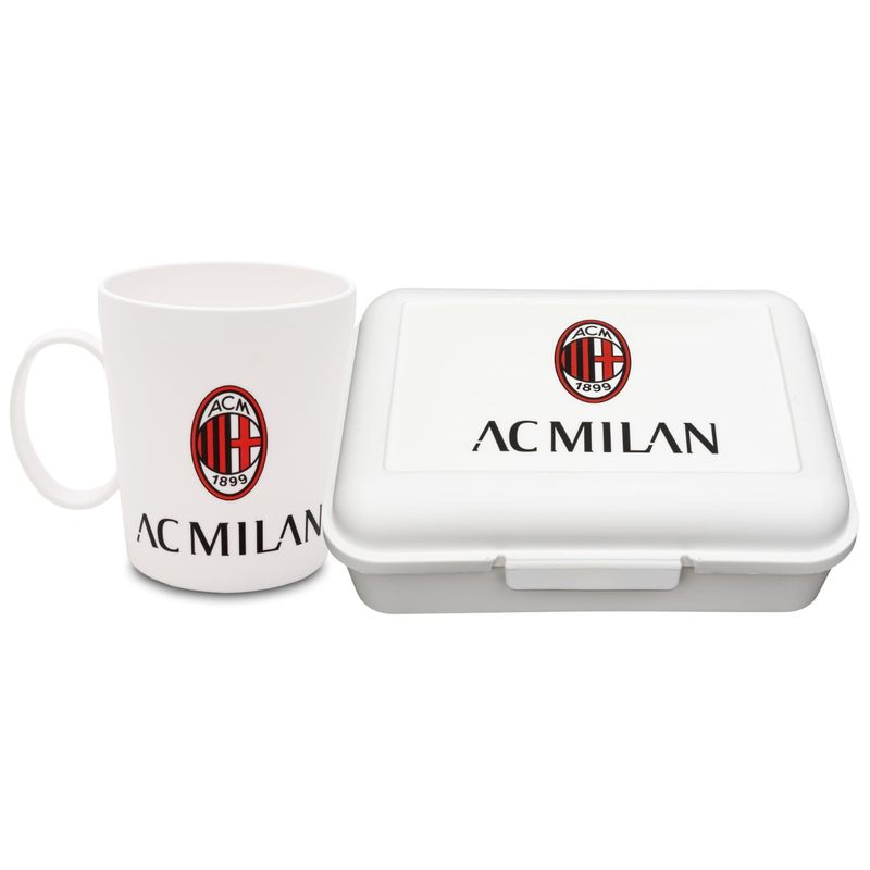 MILAN - Porta Merenda Gadget Bambino Uomo, Accessori per Scuola, Set Ufficiale Regalo – Porta Pranzo + Tazza Grande 360ml, Idea Compleanno Perfetta per la Colazione – per Microonde e Lavastoviglie