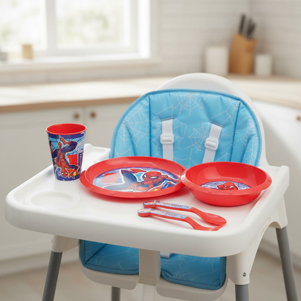 Set di stoviglie riutilizzabile per bambini bicolore – Set composto da 5 pezzi: Piatto, ciotola, bicchieri e posate per bambini e bebé - SPIDER