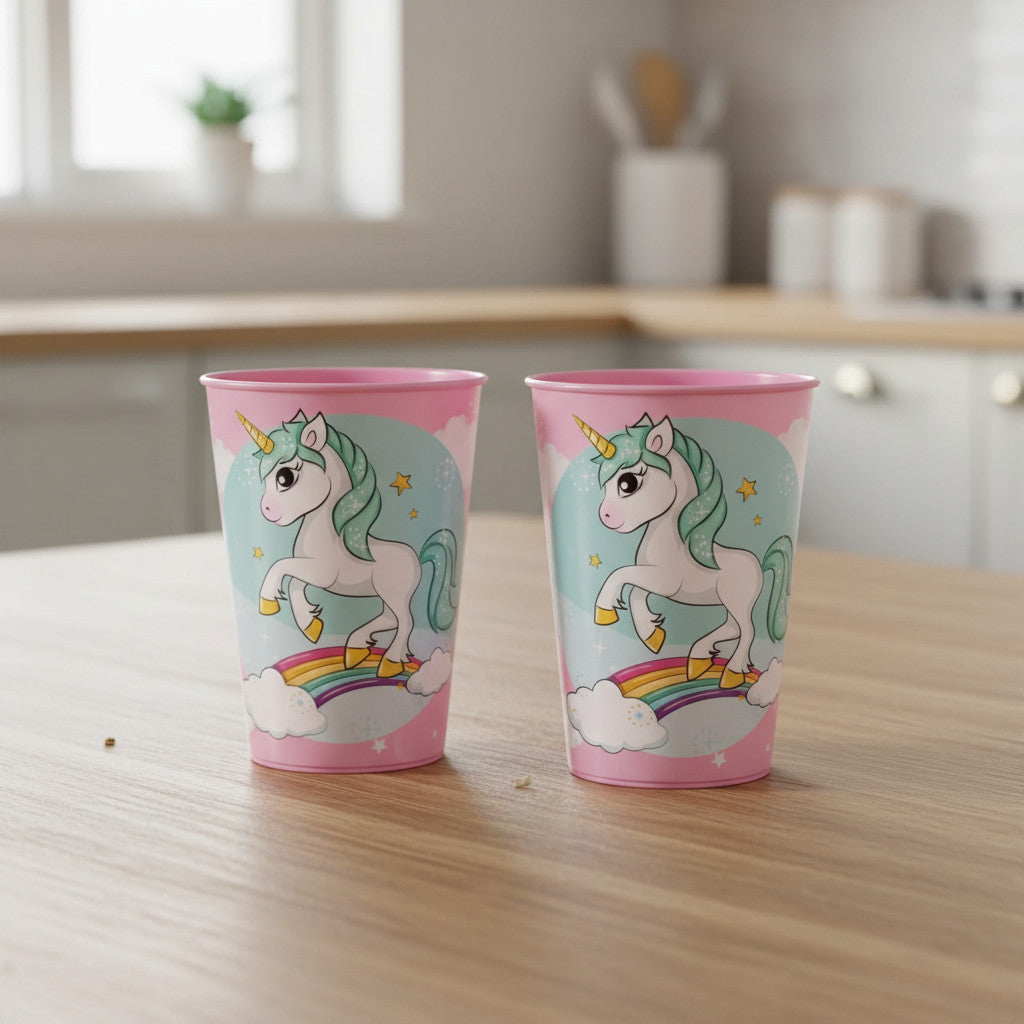 Set 2 Bicchieri per Bambini 260 ml in plastica Senza BPA Regalo per Ragazzi (Unicorno)