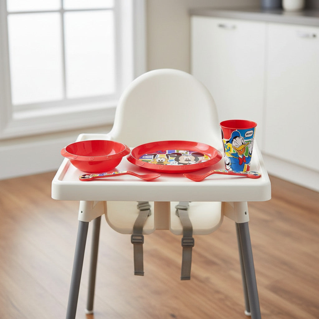 Set di stoviglie riutilizzabile per bambini bicolore – Set composto da 5 pezzi: Piatto, ciotola, bicchieri e posate per bambini e bebé - TOPOLINO