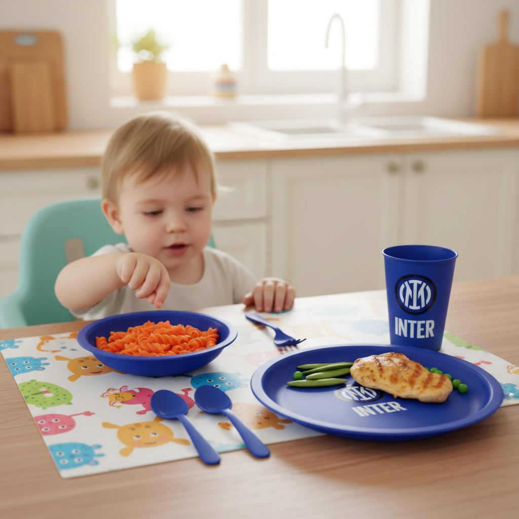 Inter Set Piatti TIFOSO calcio, Gadget Bambini Regalo Scuola - Idea Compleanno Bimbo – Piatto Blu Piano e Fondo Bicchier