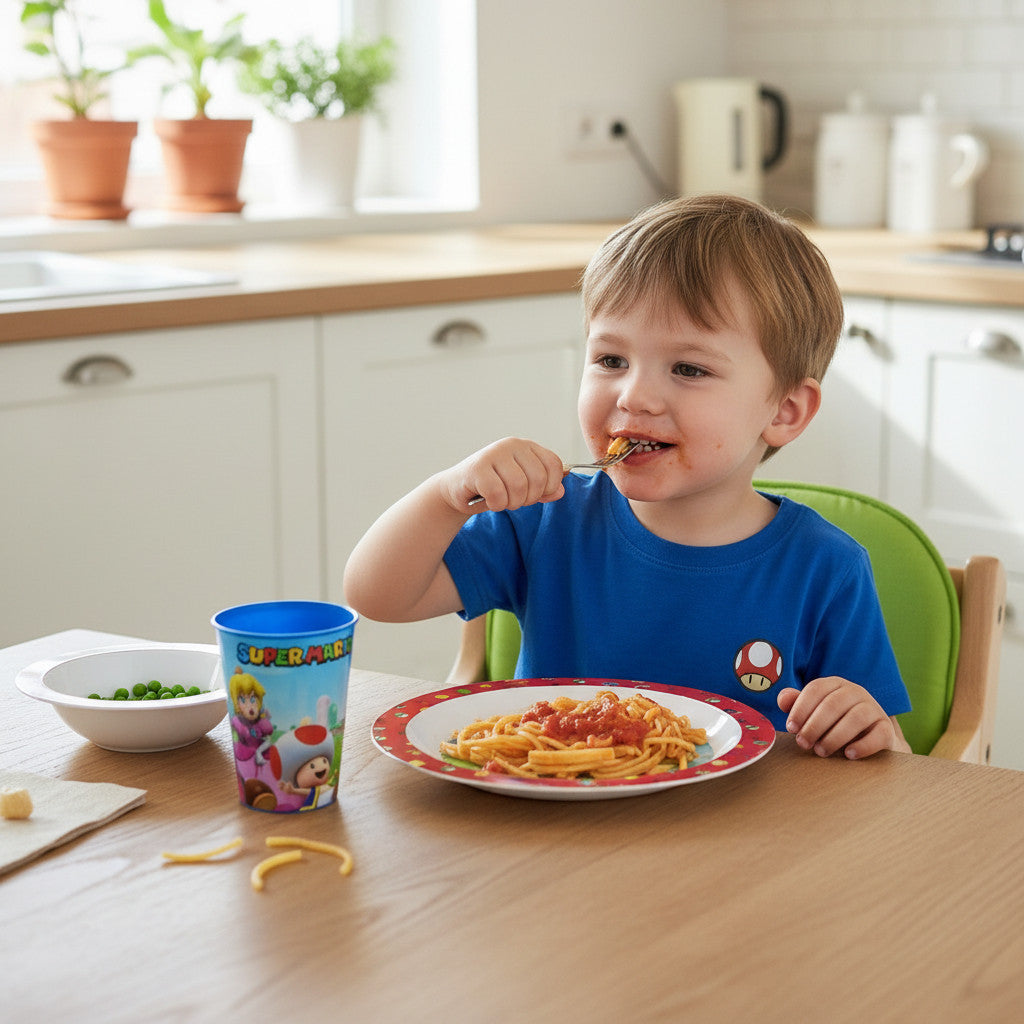 Set di stoviglie riutilizzabile per bambini bicolore – Set composto da 3 pezzi: Piatto, ciotola e bicchiere per bambini e bebé SUPERMARIO
