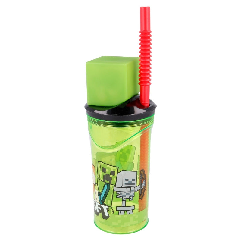Bicchiere 360ml con Cannuccia e Personaggio 3D Minecraft Borraccia per Bambini e Ragazzi