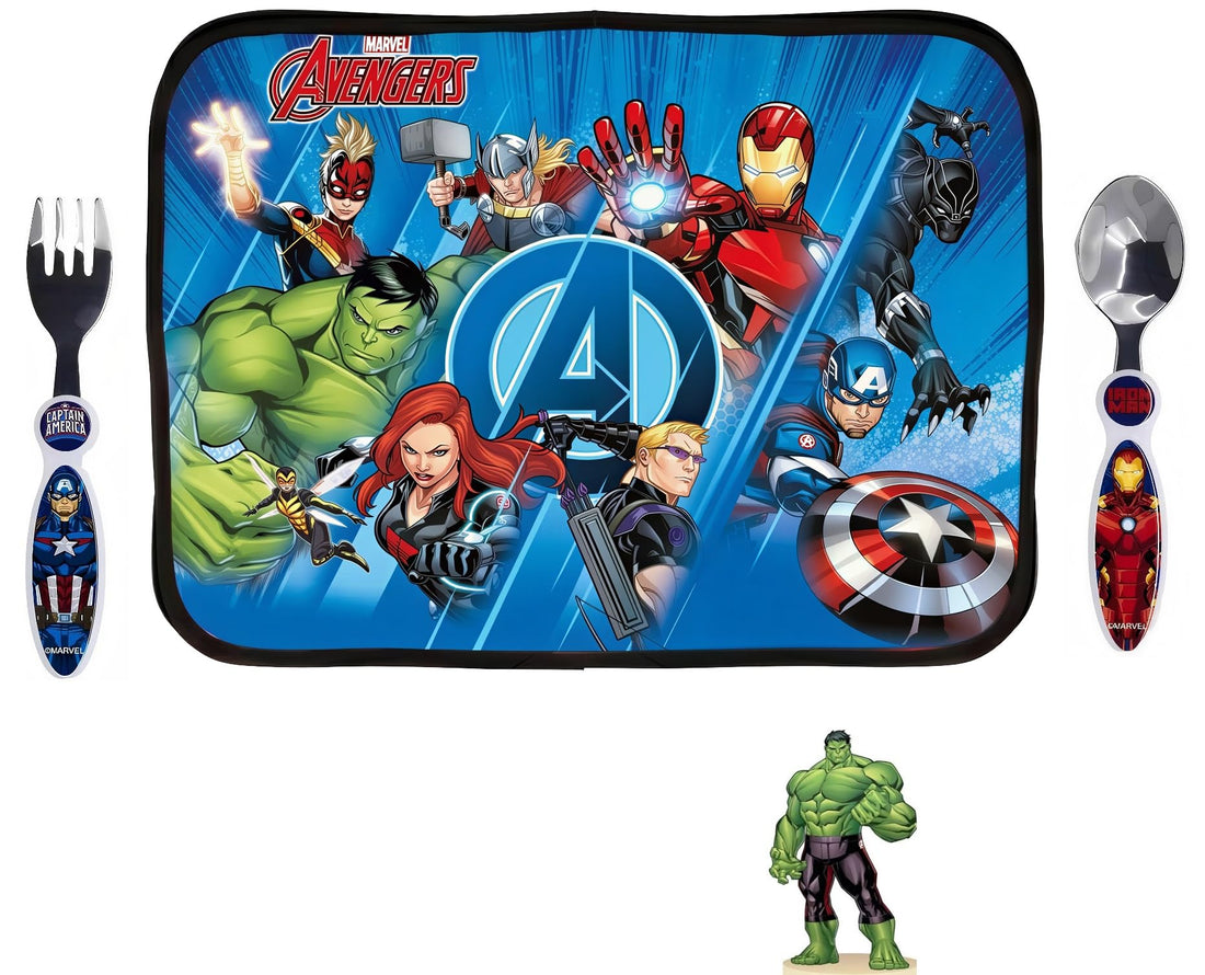 AVENGERS - Set Tovaglietta Morbida Ripiegabile Sottopiatto Impermeabile CM.30X40 con posate in accia