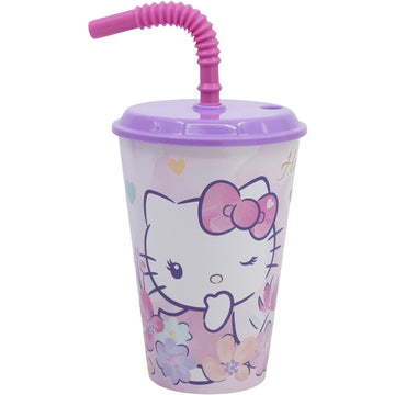 HELLO KITTY - Bicchiere ufficiale Per Bambini Con Cannuccia e coperchio Riutilizzabile - 430 ml
