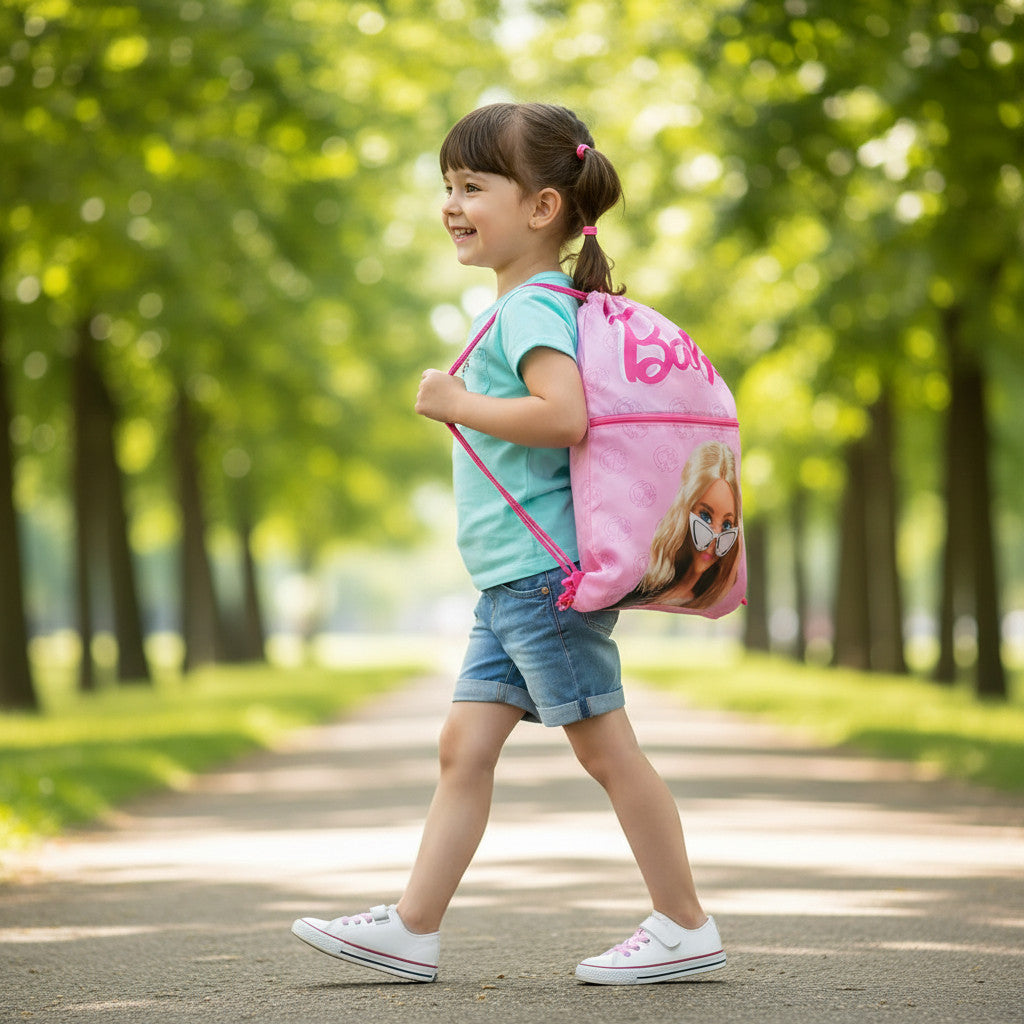 Sacca Sportiva con manici e tasca  Bambino, Borsa Coulisse Zaino  Asilo, Palestra, Piscina, Viaggio, Portascarpe ( BARBI