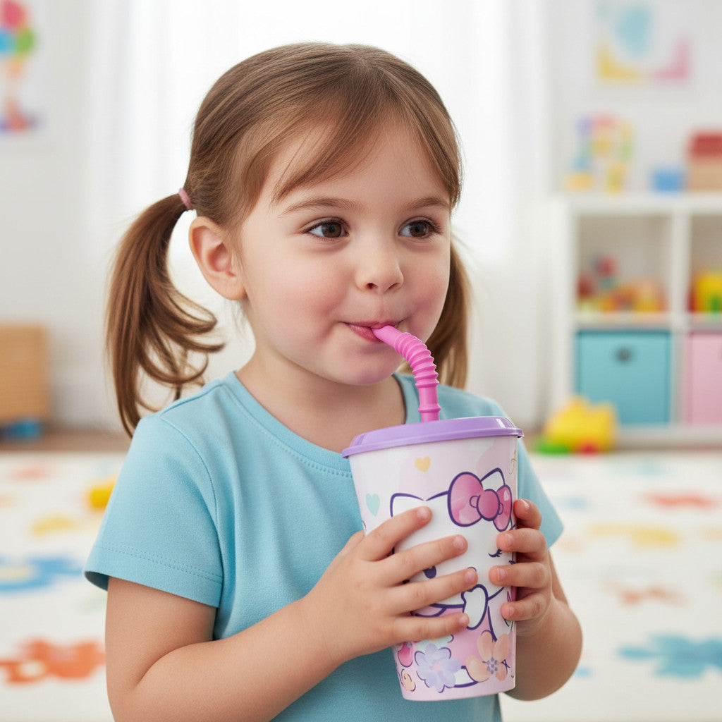 HELLO KITTY - Bicchiere ufficiale Per Bambini Con Cannuccia e coperchio Riutilizzabile - 430 ml