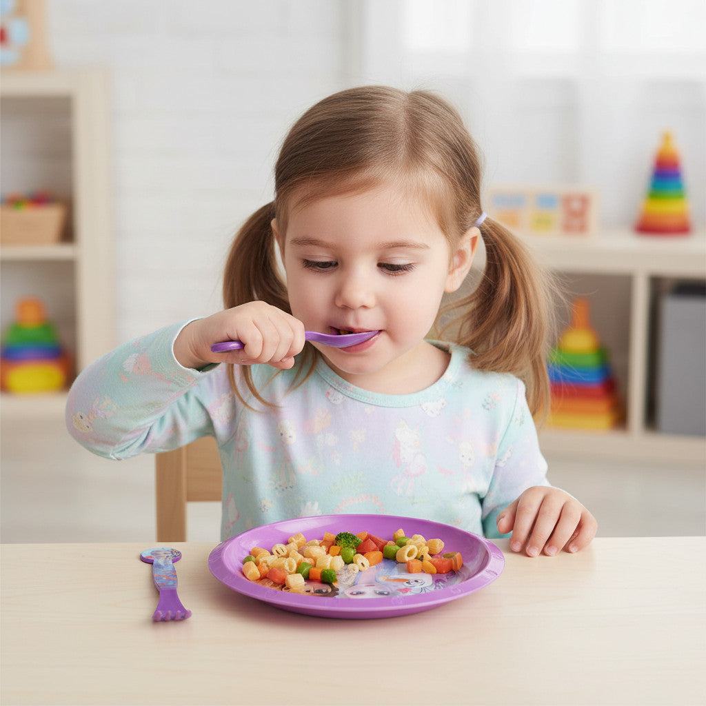 Set Piatto fondo e Posate per Bambini in Plastica Riutilizzabile - Forchetta e Cucchiaio Made in Spa