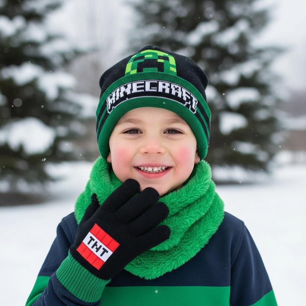 Set 3 Pezzi Cappello Sciarpa Guanti Minecraft Creeper Bambini Taglia Unica