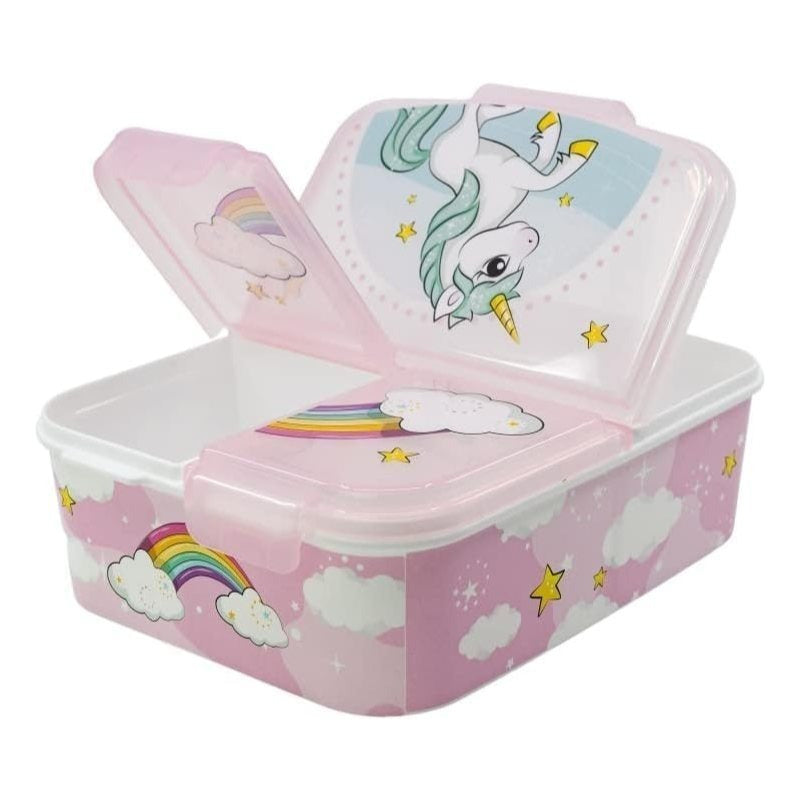 Porta Merenda Scuola con 3 scomparti Portamerenda in Plastica Bambini Pranzo Launch Box - BPA Free (Unicorno)
