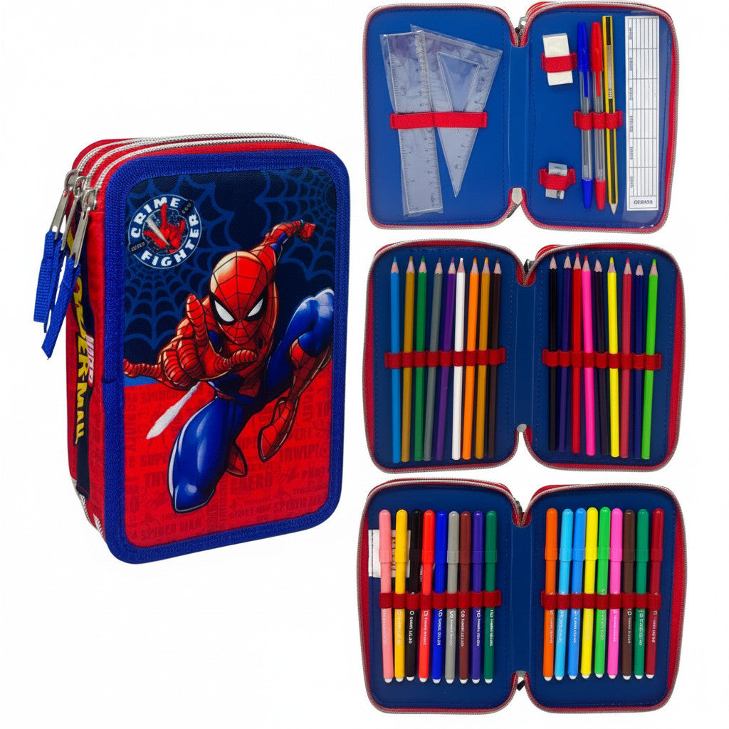 Portapenne Astuccio Triplo Borsellino Scuola e Asilo per Bambini e Ragazzi Supereroi SPIDER