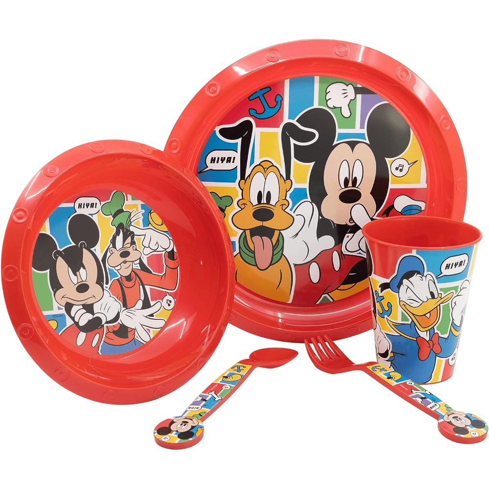 Set di stoviglie riutilizzabile per bambini bicolore – Set composto da 5 pezzi: Piatto, ciotola, bicchieri e posate per bambini e bebé - TOPOLINO