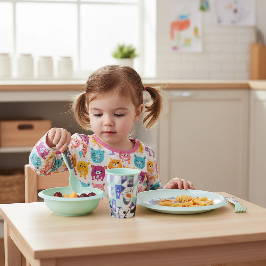 Set di stoviglie riutilizzabile per bambini bicolore – Set composto da 5 pezzi: Piatto, ciotola, bicchieri e posate per bambini e bebé