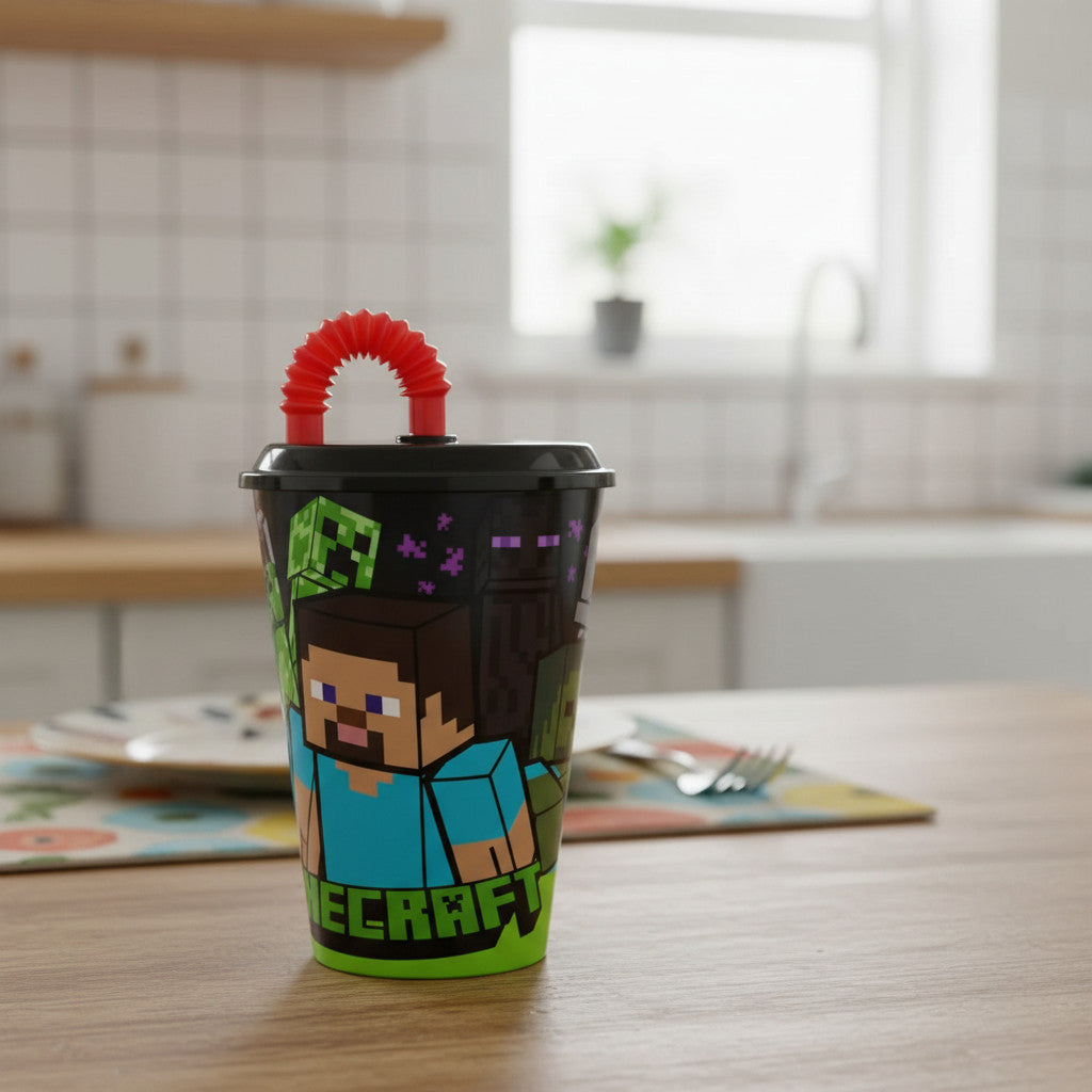 Bicchiere per Bambini Minecraft con Cannuccia e Coperchio Riutilizzabile - 430 ml