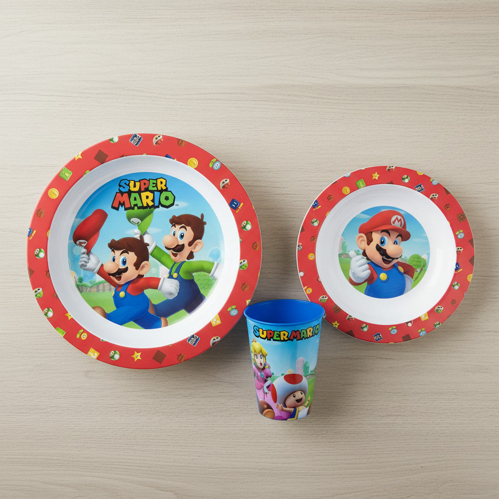 Set di stoviglie riutilizzabile per bambini bicolore – Set composto da 3 pezzi: Piatto, ciotola e bicchiere per bambini e bebé SUPERMARIO