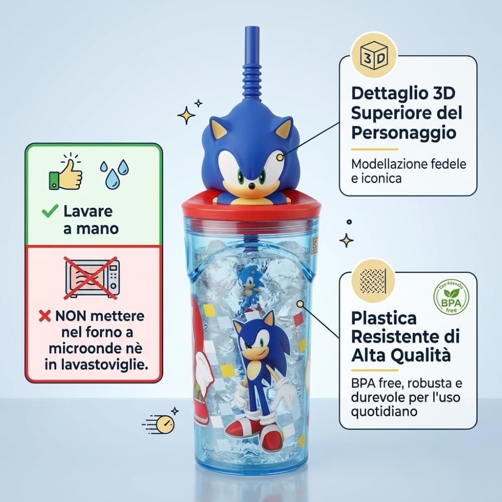 Bicchiere 360ml con Cannuccia e Personaggio 3D Borraccia per Bambini e Ragazzi