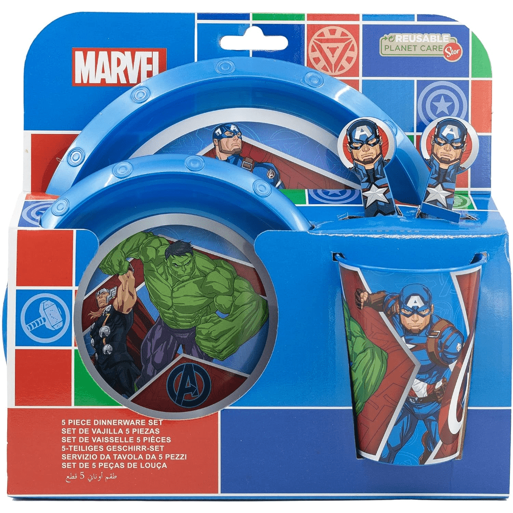 HULK - Set di stoviglie riutilizzabile per bambini bicolore – Set composto da 5 pezzi: Piatto, ciotola, bicchieri e posate per bambini e bebé