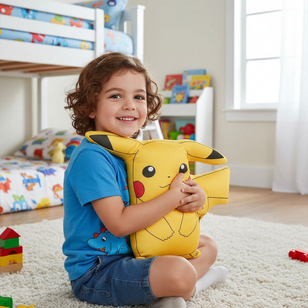 POKEMON - Cuscino 3D ufficiale a forma di personaggio Sagomato Pikachu, 31 cm x 33 cm, peluche lavabile