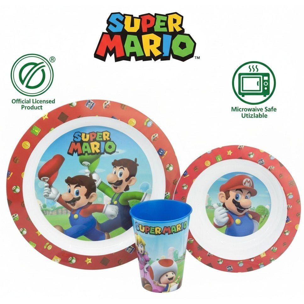 Set di stoviglie riutilizzabile per bambini bicolore – Set composto da 3 pezzi: Piatto, ciotola e bicchiere per bambini e bebé SUPERMARIO